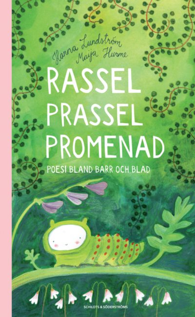 Gröna blad snirklar sig omkring en tecknad larv.