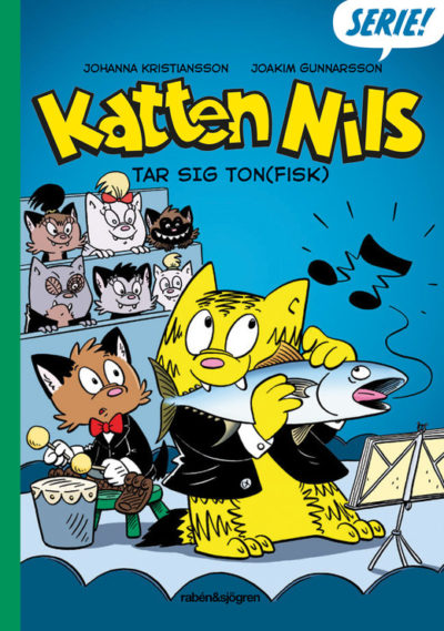 Bokens omslag som är tecknat, med en gul katt som äter en fisk.