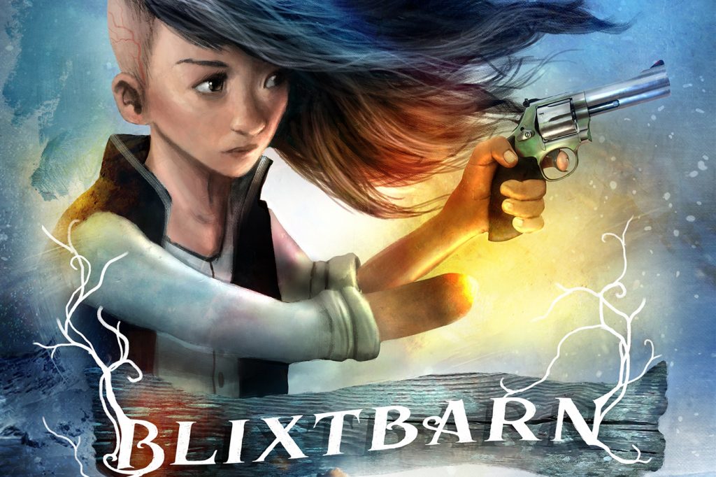 Omslag till boken Blixtbarn. En tjej som håller i en pistol.